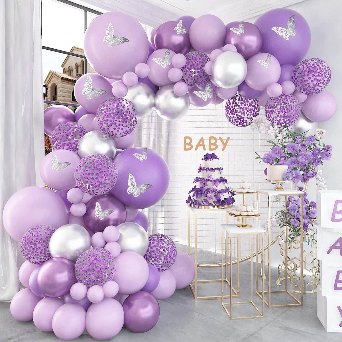 Globos de mariposa púrpura, Kit de arco de guirnalda, globo de látex, decoración para de cumpleaños, niños y adultos, globo de boda, decoración para Baby Shower