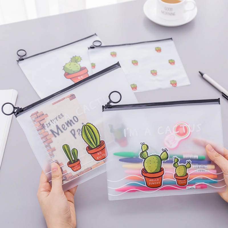 Sacs en plastique à fermeture éclair, Cactus dessin animé mignon sac de rangement Transparent de maquillage pour crayon organisateur de bureau à domicile