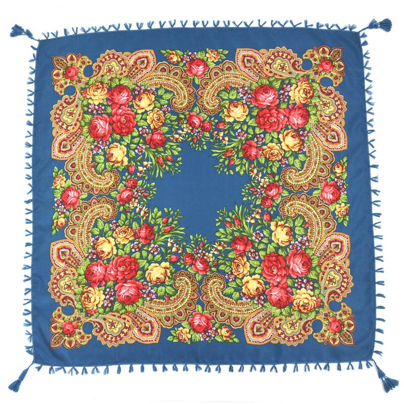 90*90cm châles russes pour femmes, écharpes nationales en coton imprimé, foulards russes rétro à franges, bandanas, pashminas d'hiver pour dames: 8