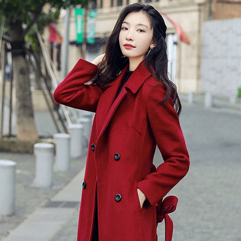 Gabardina de lana roja vino para mujer, abrigo delgado de longitud media, y holgado que combina con todo, F227, otoño e invierno, novedad de 2022