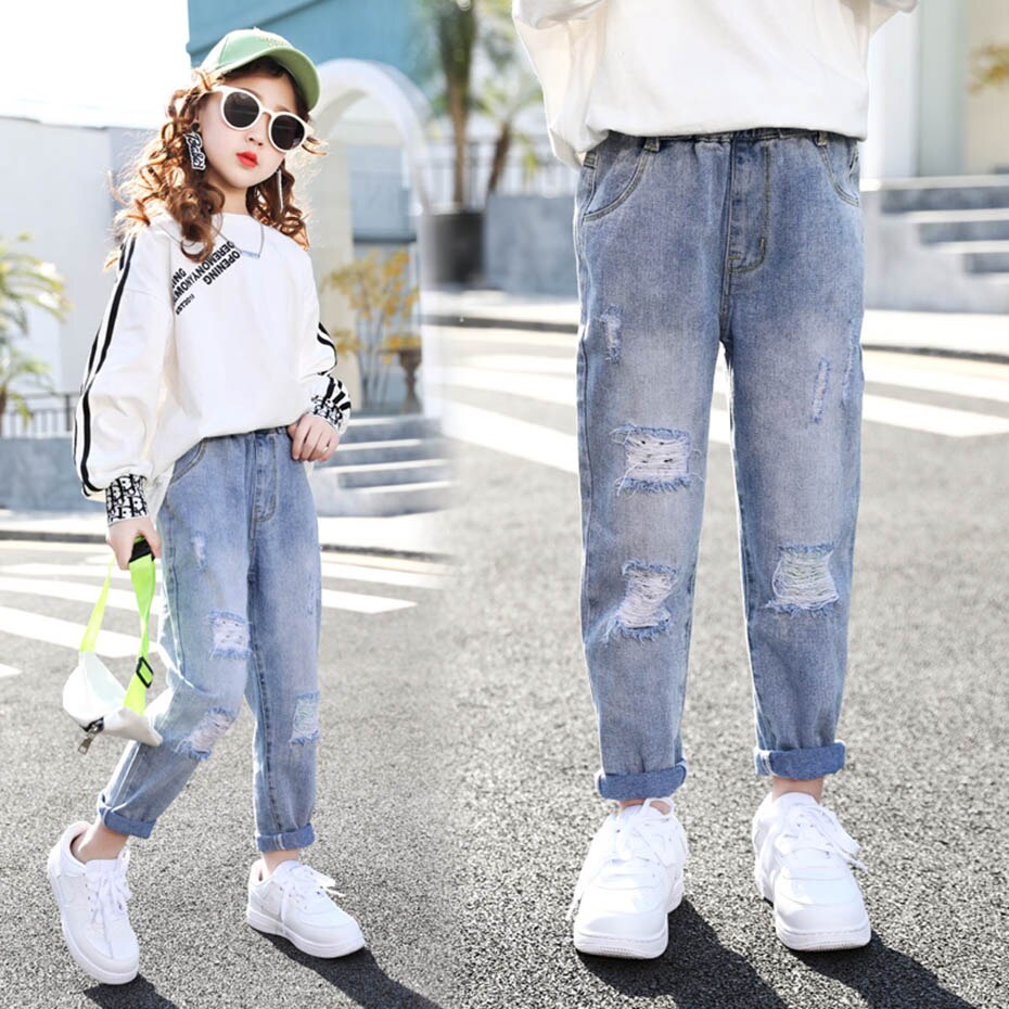 Mädchen Zerrissene Jeans Mit See Mädchen der Jeans Solide freundlicher Jeans Für Mädchen Elastische Taille freundlicher Jeans Kleidung 6 8 10 12 14