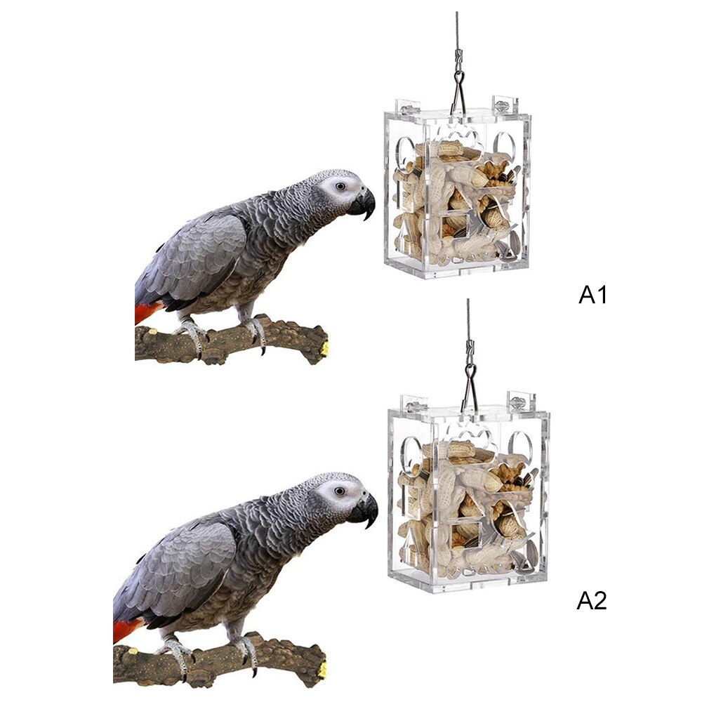 Acrylic Bird Parrot Hanging Foraging Feeder Feeding Box Bird Parrots Toys Food Feeder Hanging Foraging Chain For Treats