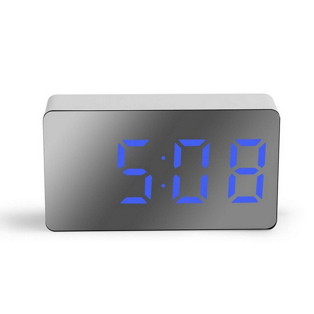 Alarma Digital de reloj con espejo y luz LED, posponer y visualización de hora nocturna, multifuncional, LCD, mesa de luz, escritorio, USB, 5v, sin batería, decoración del hogar: Azul