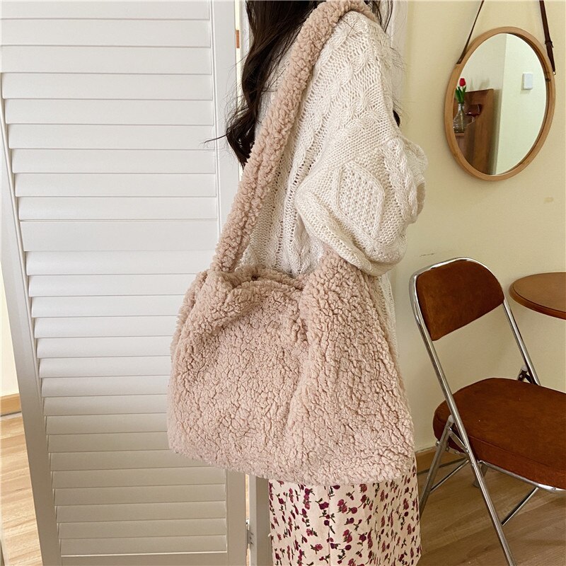 Hylhexyr effen kleur messenger bags winter pluche dames boodschappentassen zachte bont handtas portemonnee schoudertas met lusgesp