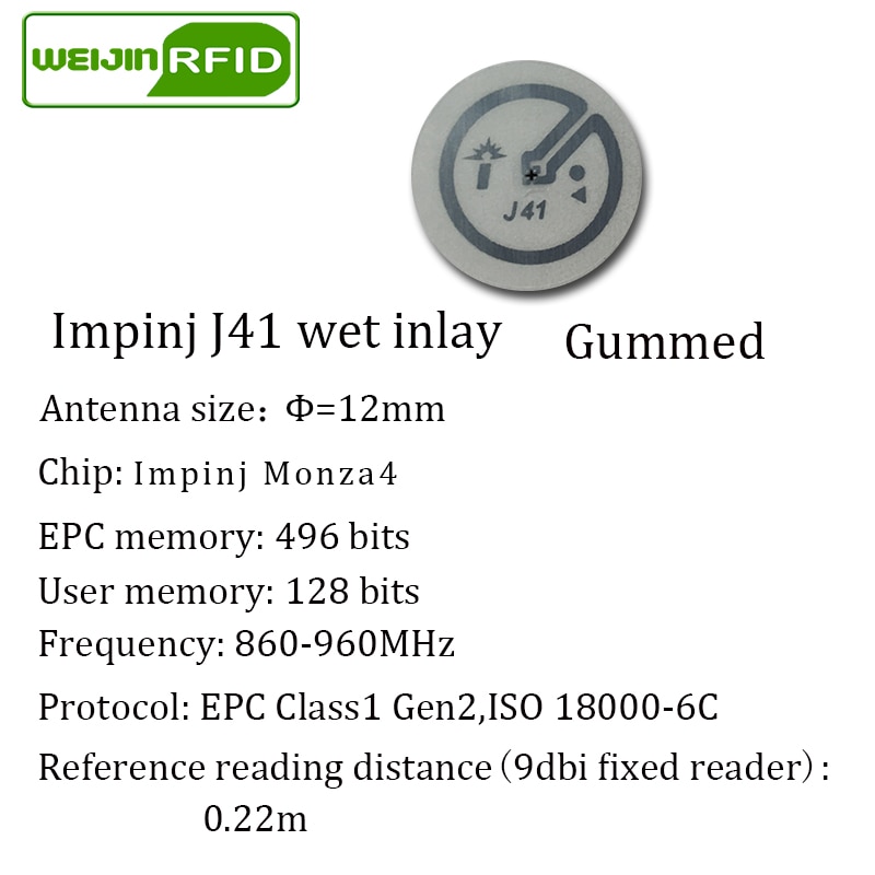 Sticker rfid uhf tag passivo tag impinj alien wet inlay 900 915m 868 860-960mhz VIKITEK EPC c1G2 6c self-adesivo etichetta RF circuito integrato: D15mm wet J41
