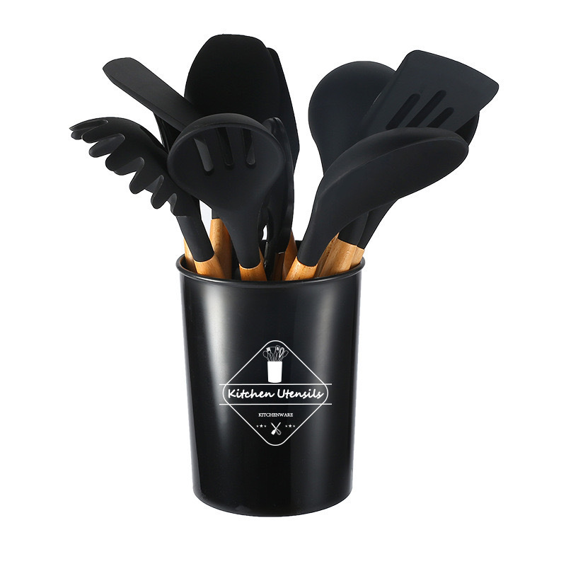 12Pcs Silicone Kitchen Utensils Cooking Wooden Handle Non Stick Pot Kitchenware Set Storage Bucket Silicone Kitchen Utensils