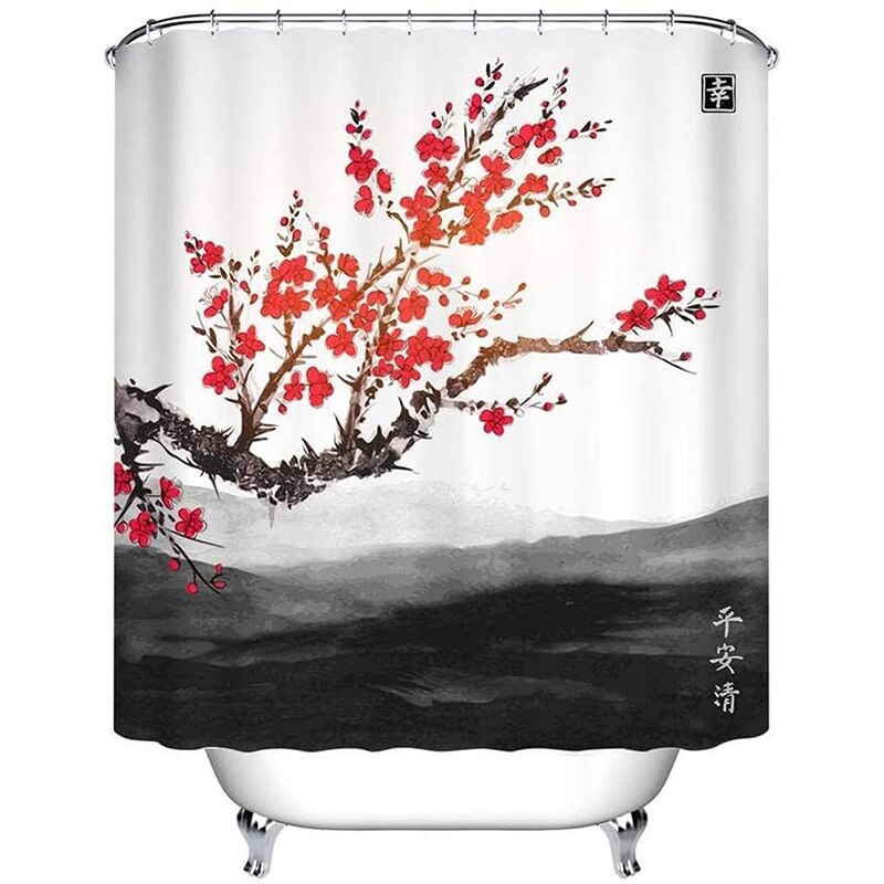 Tenda da doccia giapponese ciliegia rossa impermeabile antimuffa tenda da bagno Sakura Tree inchiostro stile pittura con ganci decorazioni per il bagno: W150XH180cm