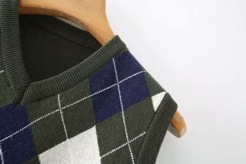 Kvinder strikket tartan tank sweater ærmeløs grøn hvid patchwork pull femme plaid v hals trøjer