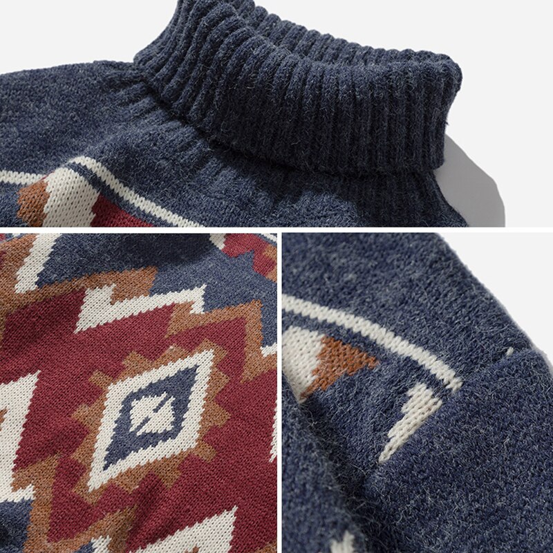 Una reta turtleneck herre sweater efterår print argyle strikkede trøjer afslappet løs vintage pullover mænd