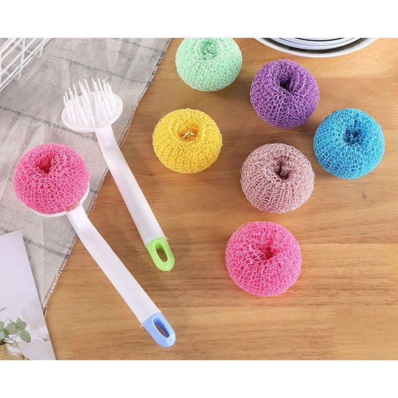 Pot Cleaning Brush Ball Non-scratch Dish Scrubber Scrubbing Pad Scouring Pad Handle Kitchen Cleaning tools