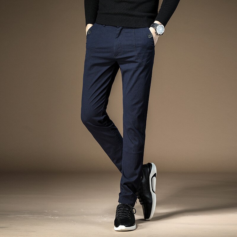 men's casual pants fitness cotton blends long trousers plus size winter elastic dark grey young leisure slacks