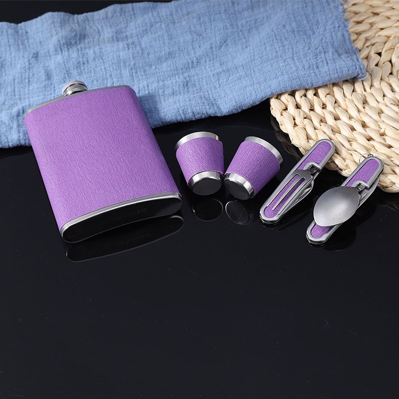 9OZ Portable Flagon Hip Flask set with cups funnel fork spoon purple for Whiskey Vodka Wine Pot Alcohol Drinking Bottle