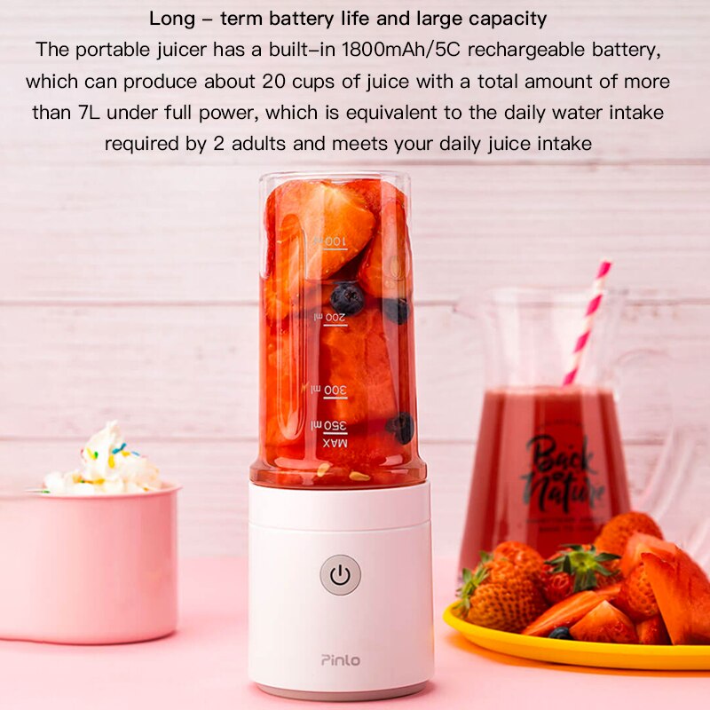 Xiaomi mijia pinlo bærbar blender juicer fruktkopp 350ml mini usb oppladbar høyeffekt stor kapasitet 1800 mah batteri