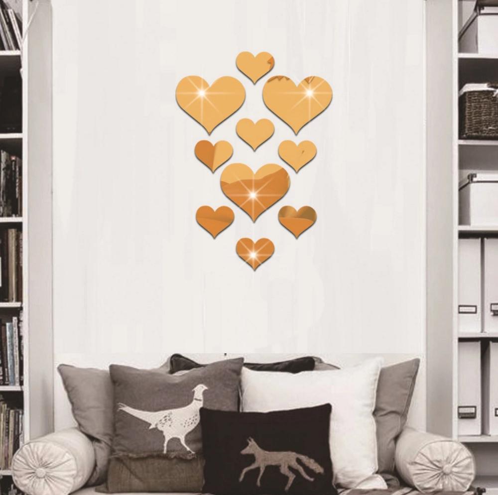 Kærlighedsspejl wallstickers dekorativ baggrundsvæg akryl spejl 3d stereo hjerte spejl wallstickers: Guld 10 stk