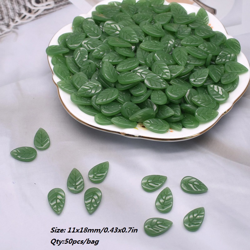 11x18mm 50pcs/Bag Green Glass Tree Leaves Charms Leafs Beads Pendants For Jewelry Making Handmade Glass Crafts Bracelet Earring: Rhodium Plated