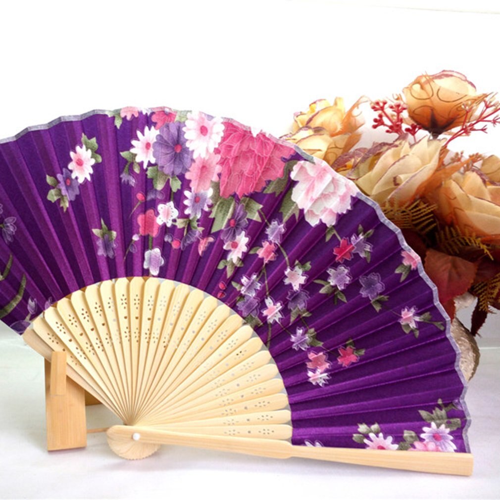 Portable Fan Japanese Style Women's Hand Held Folding Fan No. 8 Beautiful Cherry Color Satin Fan with Bamboo Frame: 5 purple