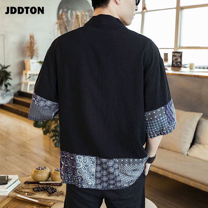 Jddton herre bomull lin kimono jakker fritid cardigan streetwear skjorter japansk samurai tradisjonelle uformelt kåper 5xl je011