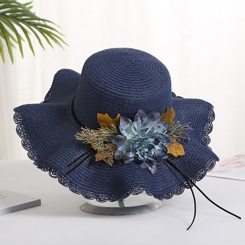 Summer Female Sun Hat Flower Ribbon Panama Beach Hats For Women Sombrero Floppy Straw Hat: HT7097NV
