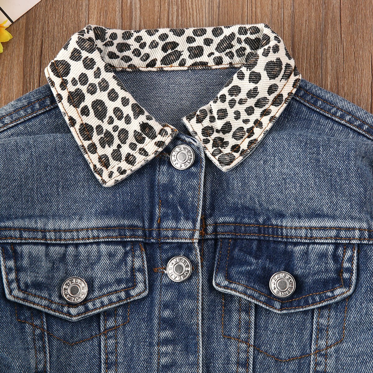 Newest Toddler Kid Children Girls Long-Sleeved Denim Leopard Turn-down Collar Jackets Baby Denim Coat Outerwear