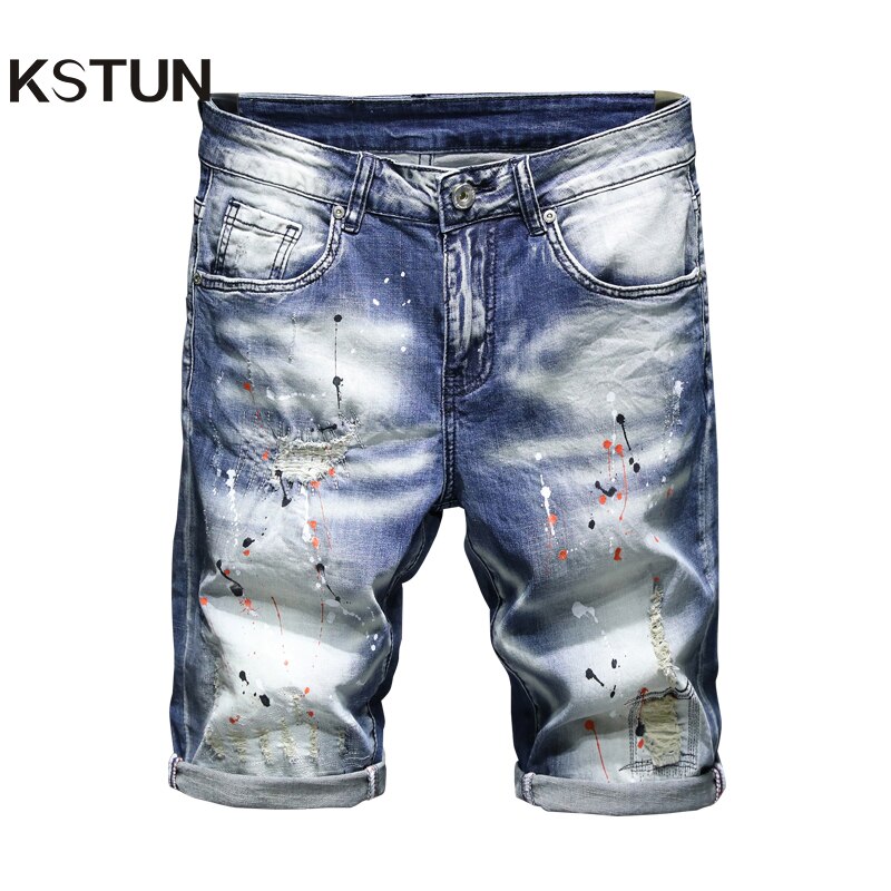 Calções de brim de hip hop para homens rasgado estiramento fino ajuste shorts 2022 verão nova pintura retalhos afligido calças corpado