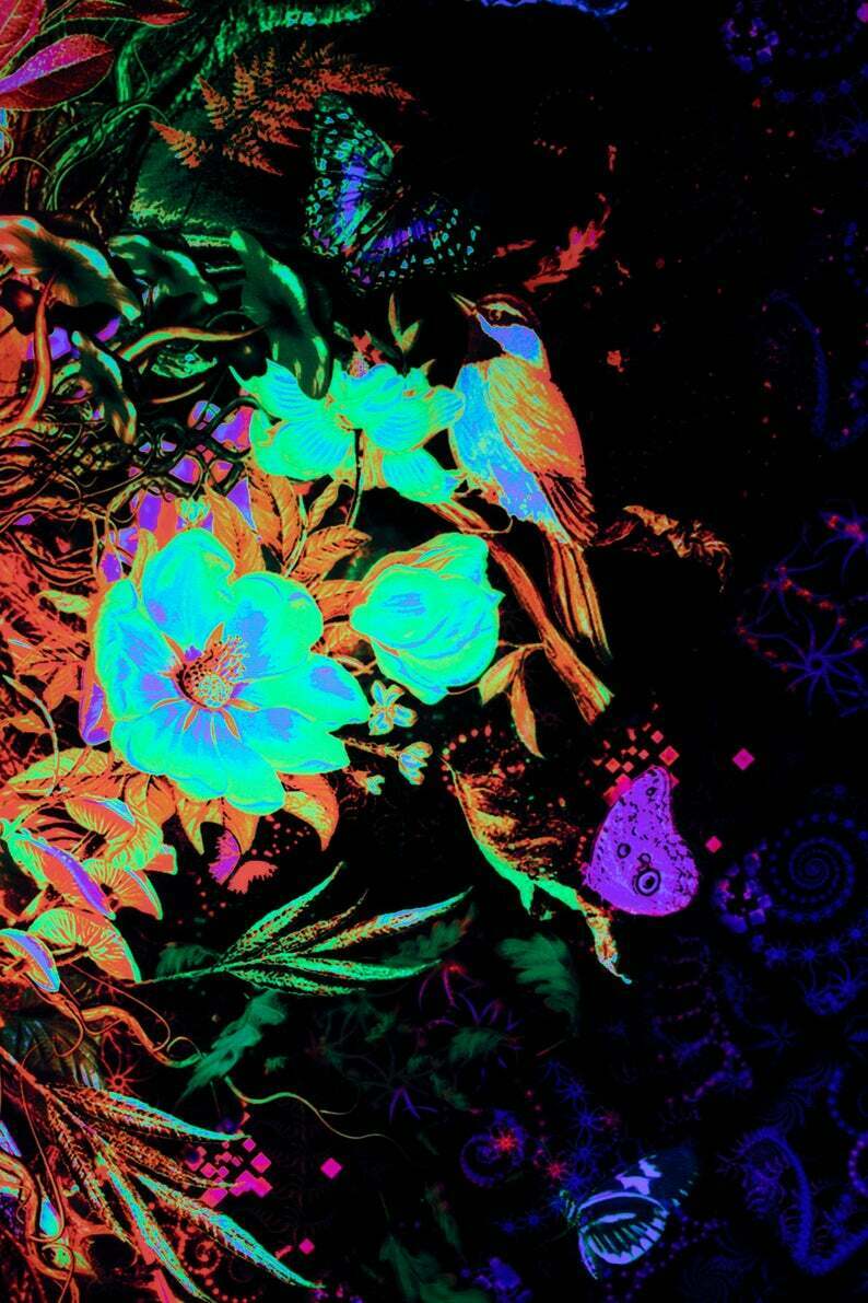 Psychedelic wall tapestry, Uniqued Art Nature Custom Fluorescent Glow Psytrip