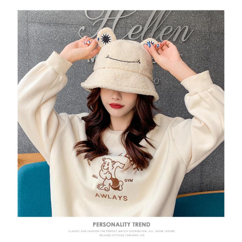 Lamb Wool Cat Ears Women Bucket Hat Autumn Winter Fisherman's Plush Bucket Hats Keep Warm Casual Cap Female Flat Top Hat