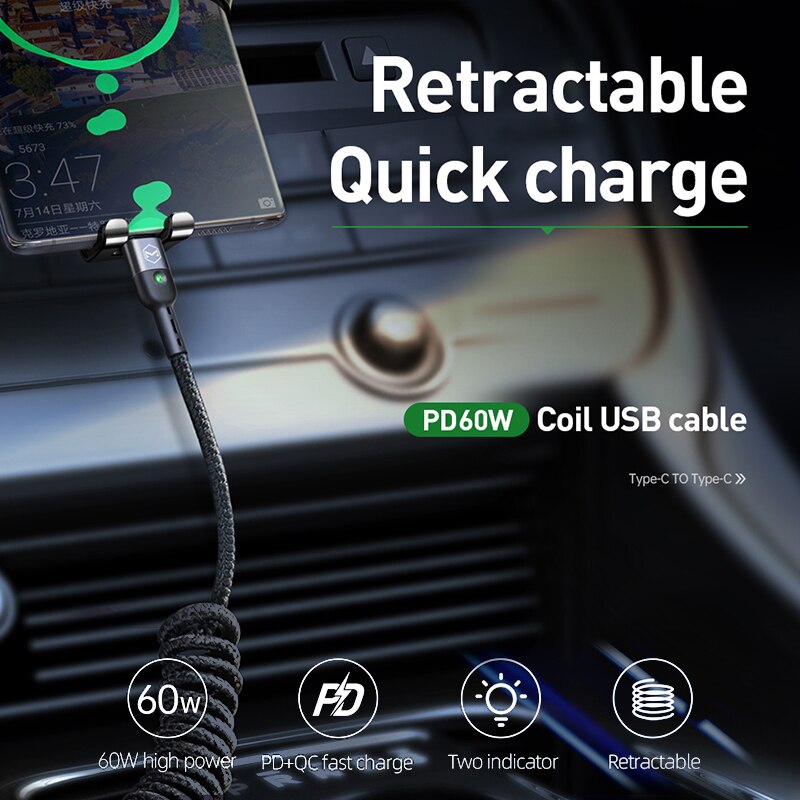 MCDODO Retractable Car Spring Type C To Type C 3A Cable For Samsung Xiaomi Huawei PD 60W 3.0 Fast Charging Cable LED Data Cord