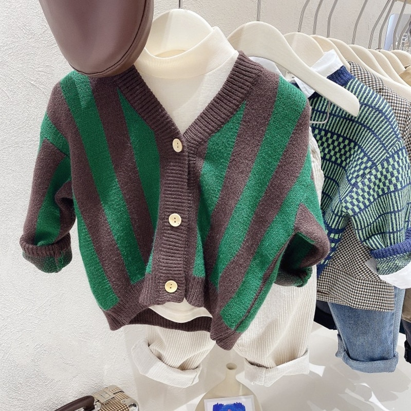 Koreansk stil børnetøj efterår retro stribet baby drenge sweatere småbørn børn strikket cardigan frakker