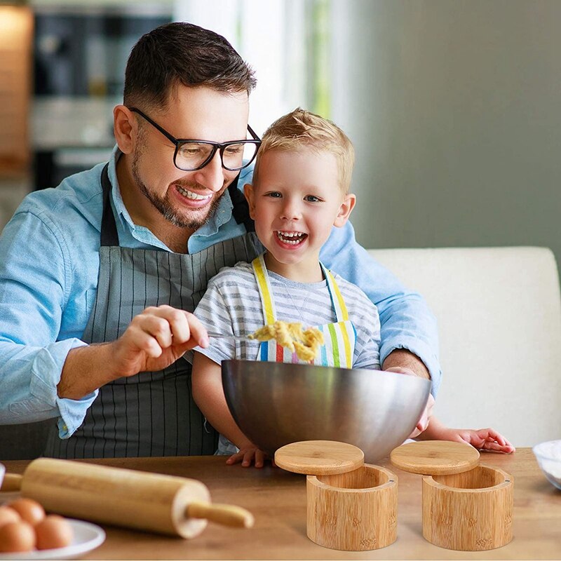 2 Pieces Bamboo Salt and Spice Storage Box with Magnetic Swivel Lid Round Bamboo Pepper Box Bamboo Salt Keeper