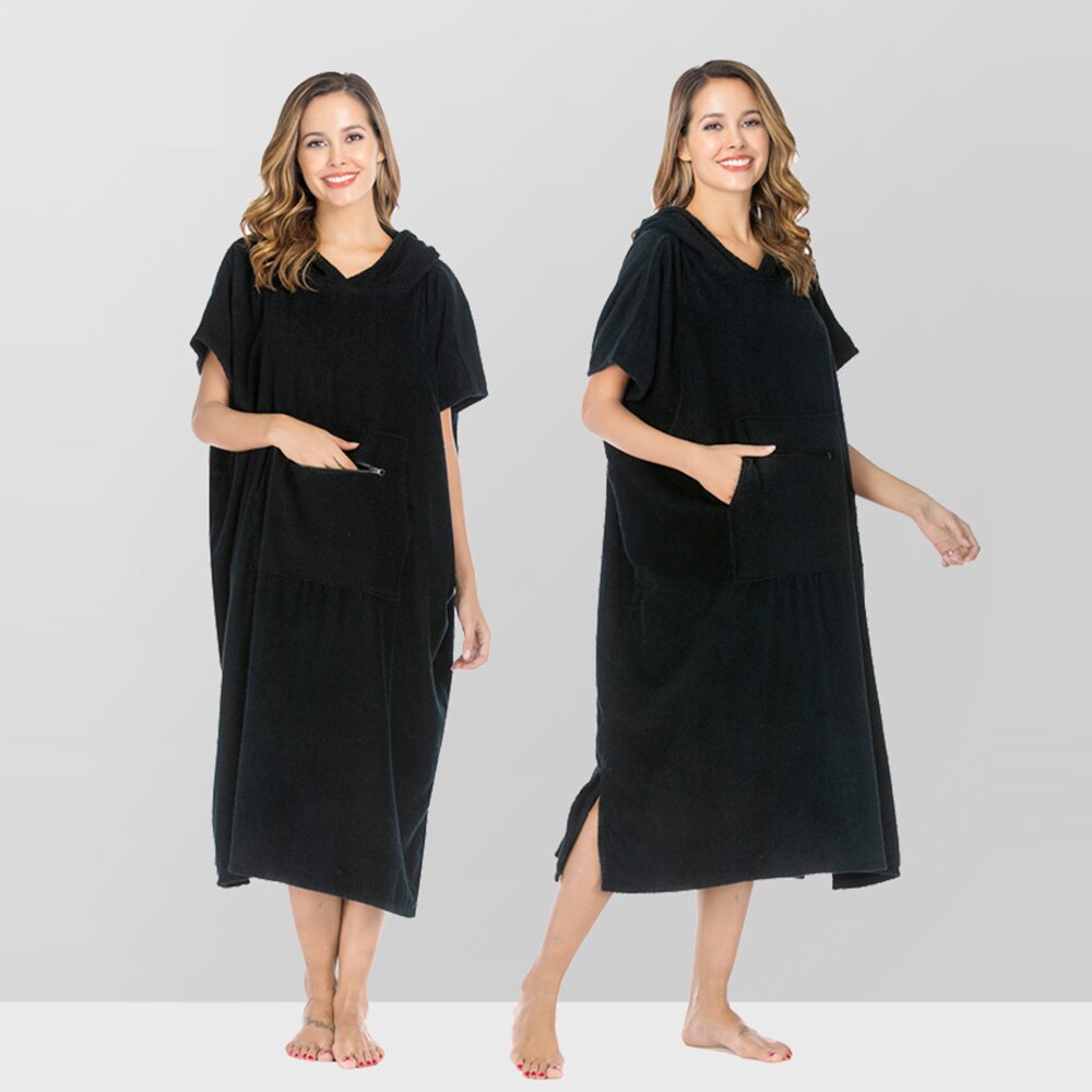 Solid Black Color Thick Robe Surfing Poncho Towel Wet Hoodie Cloak Beach Skirt Adult 110x75cm With Pocket + No Pocket Style: Black With Pockets A