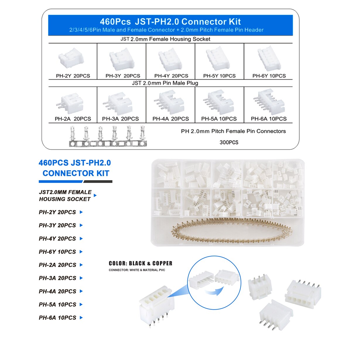 JST – Kit de connecteurs mâles et femelles XH2.54 PH2.0, avec fiches à 2/3/4/5/6 broches et câbles terminaux