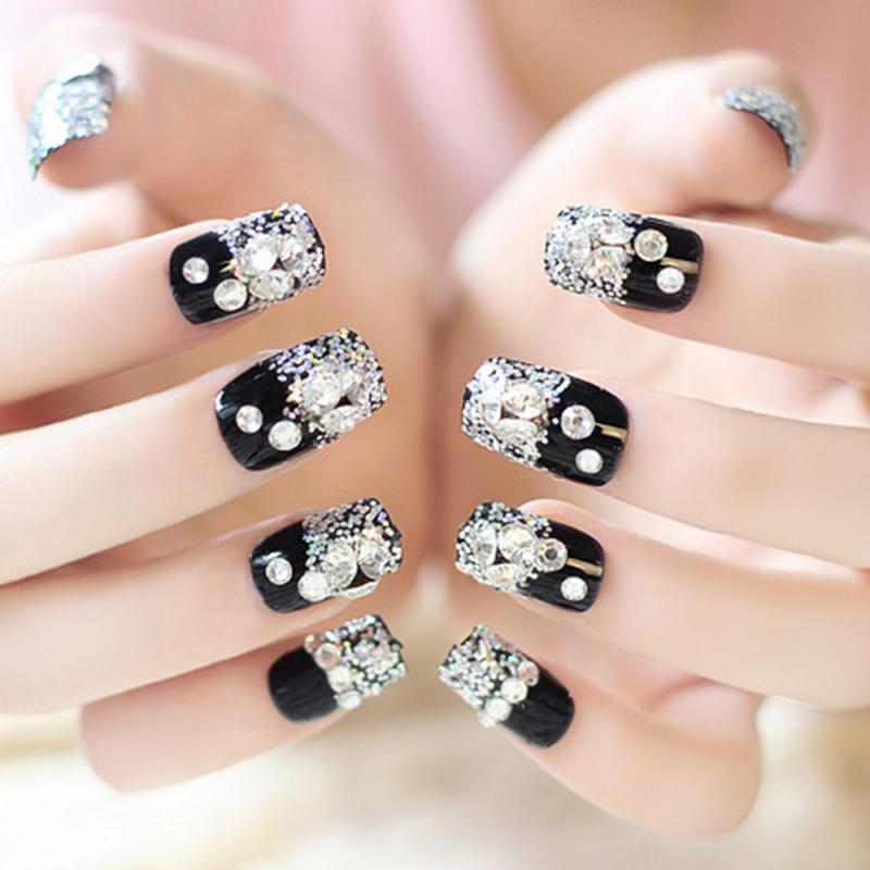 24 stuks zwarte nepnagels met strass steentjes, kunstnagels met glitter, dubbelzijdige tape, bruiloftsaccessoires