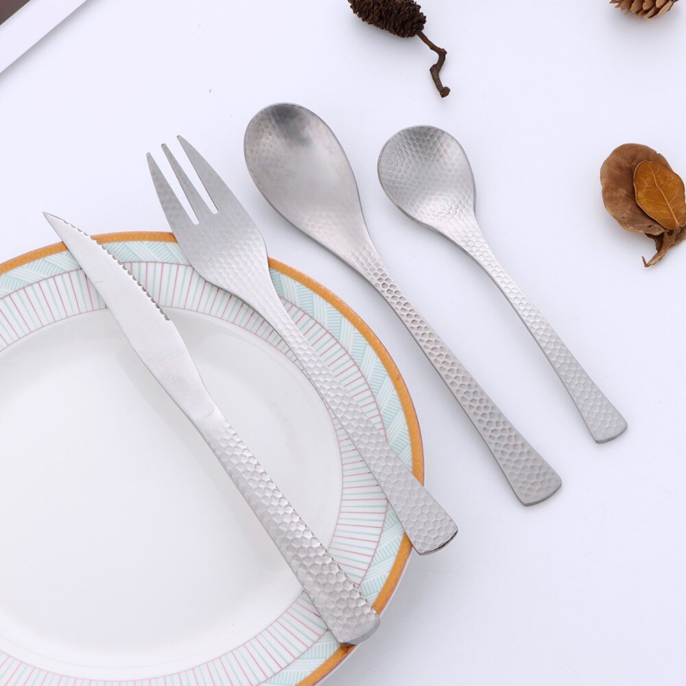 Full Hammered 18/10 Stainless Steel Silverware Cutlery Set Flatware Service for 4 Tableware Steak Knives Spoons Forks for Home