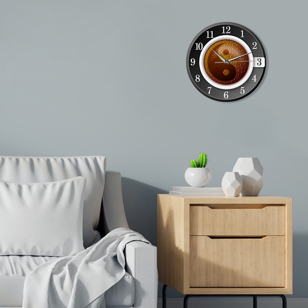 Coffee Cup with Yin and Yang Symbol Wall Clocks for Kitchen Chinese Culture Modern Cafe Shop Decor Acrylic Wall Watch