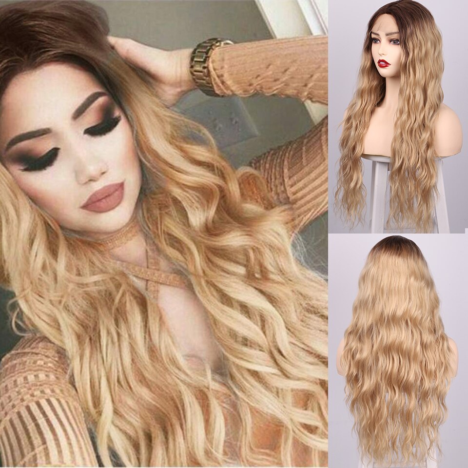 AISI BEAUTY Long Wavy Dark Red Wigs Synthetic Lace Front Wigs for Women Black Lace Wigs High Temperature Fiber Cosplay Hair: Blonde