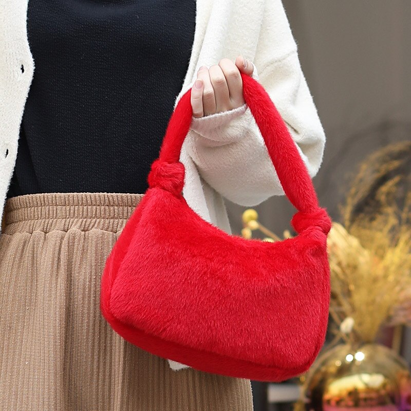 Koreansk stil plys ensfarvet mini afslappet taske kvinders plys håndtaske møntpung til pige