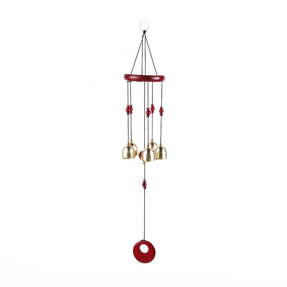1pc massivt trä vind chimes mahogny rund platta 5 koppar klockor trä ornament dörr hängande innergård balkong hängande