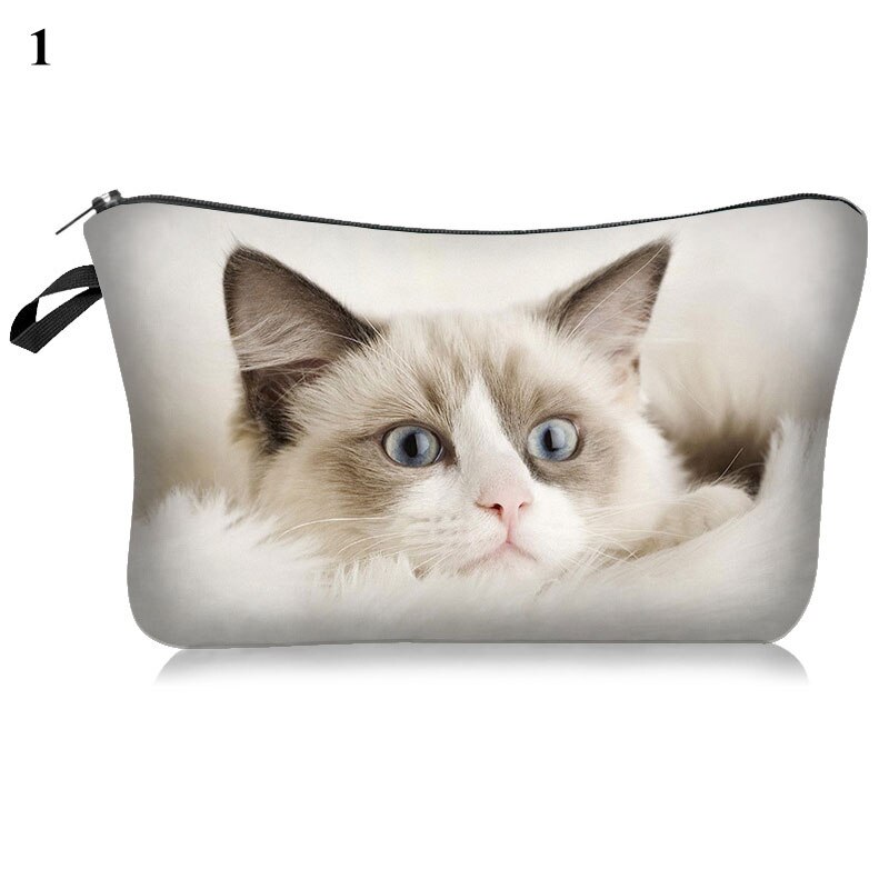 Kosmetiktaske sød kat print polyester makeup taske rejse toiletartikler sød organisator taske pose 3d mønster kosmetik tasker