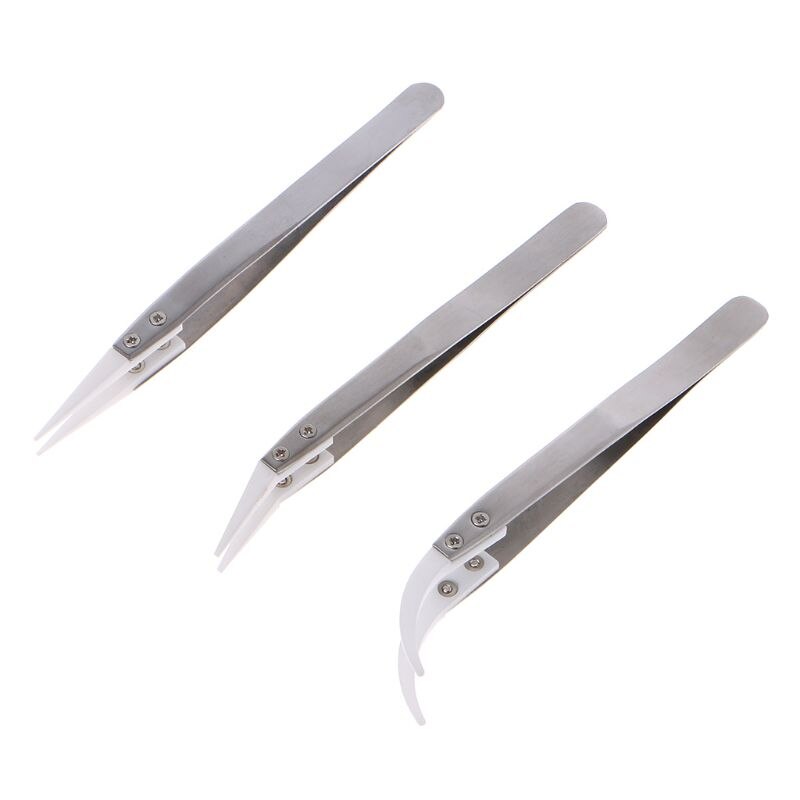 3pcs Non Conductive Anti-Static Ceramic Tweezers For IC SMD SMT Curved Straight Tweezers Heat Resistant 1000 Degree Hand Tools