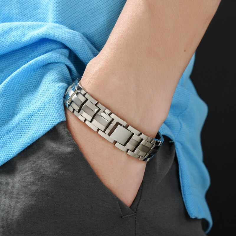 Pulsera magnética de acero inoxidable para hombre, brazalete negro puro 4 en 1 con imanes, iones negativos, germanio, salud, abeto, joyería