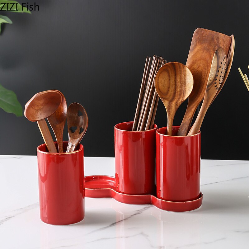 Pot de stockage de baguettes en céramique support de vidange étanche à l'humidité trois pièces costume cuillère en verre vaisselle outil de stockage outils de cuisine à la maison