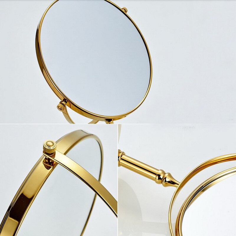 Luxury Golden Brass Makeup Mirror 8 inch Round Dual Sided Mirror 360-Degree Rotating Stand Vanity Magnifier Mirror