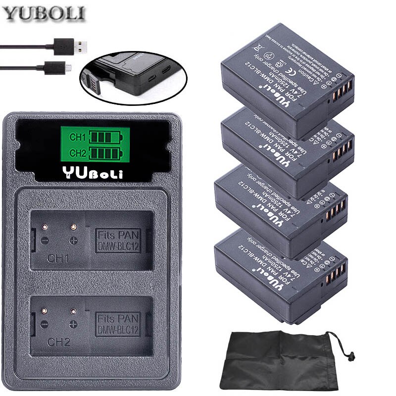Bateria DMW-BLC12 BLC12E BLC12PP DMW BLC12 baterías + cargador Dual para Panasonic Lumix FZ1000,FZ200,FZ300,G5,G6,G7,GH2,DMC-GX8: charger and 4battery