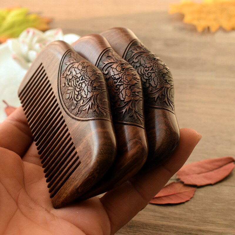 Golden Sandalwood Comb Double-Sided Carved Natural Sandalwood Fine Comb Anti-Static Care Massage 10x5.8x1.3cm NS