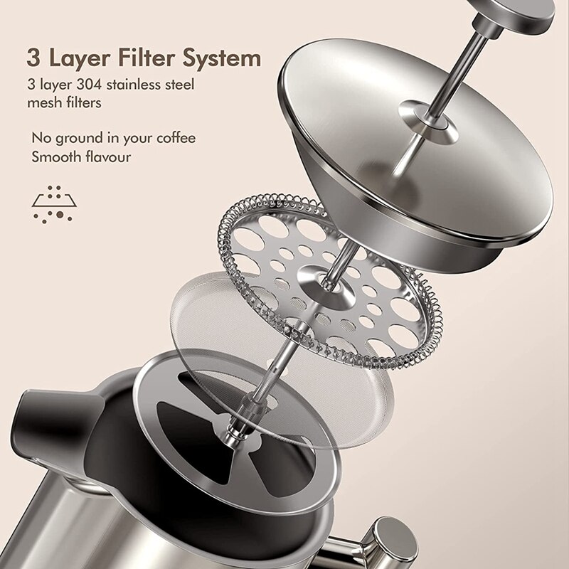 Koffie Druk 1 L /8 Cup, roestvrij Staal Franse Pers Koffiezetapparaat Dubbelwandige Isolatie Met 3-Layer Filter Systeem