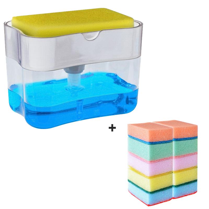 Reinigingsvloeistof Schuim Dispenser Container Handpers Zeep Organisator Keuken Cleaner Tool Zeep Pomp Dispenser Met Spons Houder: 02with10pcs Sponge