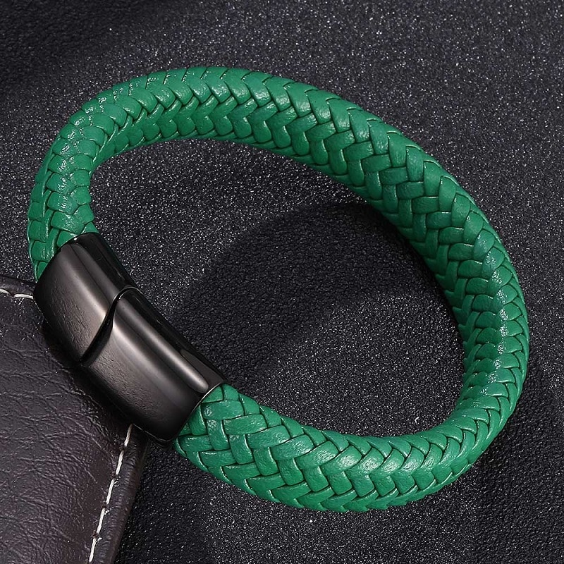 Men Jewelry Green Braided Leather Bracelet Stainless Steel Magnetic Clasp Punk Bangles Male Wrist Band S0016