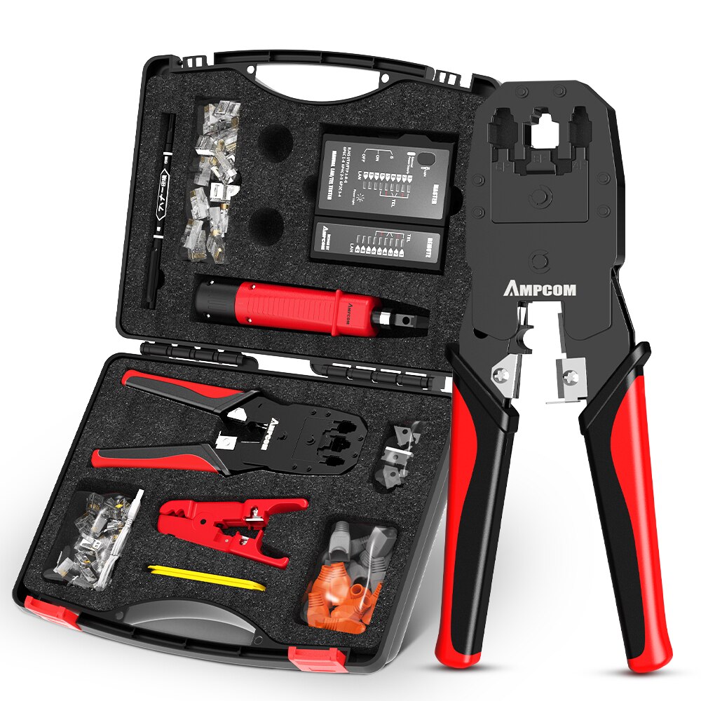 AMPCOM-Pince à sertir RJ45, ensemble d'outils de test Lan, dénudeur de câble Ethernet, outil de poinçonnage vers le bas, connecteurs RJ 45 RJ11, ensemble de réparation de câblage 12 en 1: Beige