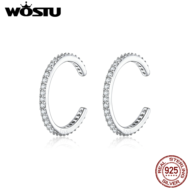 Wostu 925 Sterling Argento Del Polsino Dell&#39;orecchio Orecchini a Clip Zircone Tondo Senza Piercing Orecchini per Le Donne Gioelleria Raffinata E Alla Moda CQE842 Pila