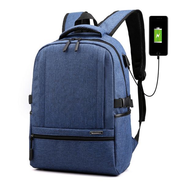 USB Charing Men Backpack Laptop Mochila Mujer Solid Student Travel School Bag For Men Business Large Shoulder Bags CJ995: Blue